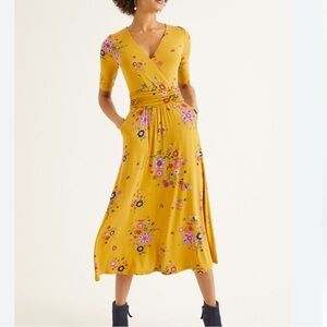 BODEN Carrie Saffron Yellow Floral Golden Jersey Daydream Midi Dress Size 12